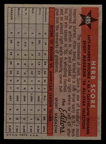 1958 Topps 495 All-Star Herb Pontszám Cleveland indians (Baseball Kártya) EX/MT Indiánok