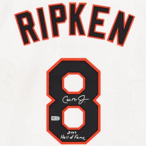 Cal Ripken Jr. - Baltimore Orioles Dedikált Fehér Mitchell & Ness Hiteles Jersey a 2007-es Hall of Fame Felirat, - Dedikált