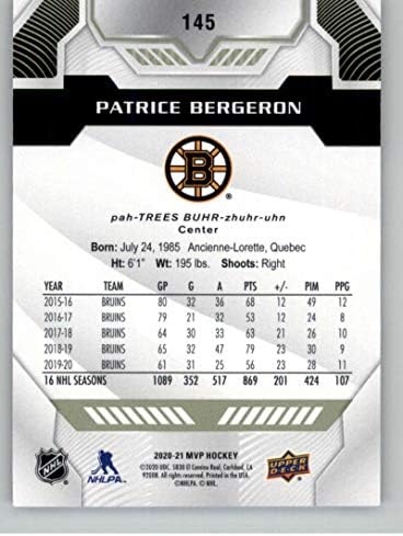 2020-21 Felső szint MVP 145 Patrice Bergeron Boston Bruins NHL Jégkorong Kártya NM-MT