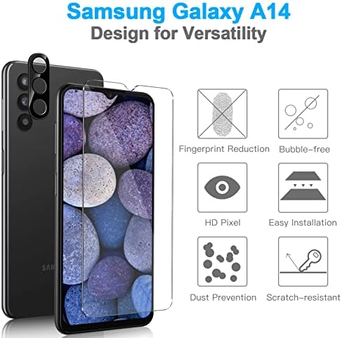 Qoosea képernyővédő fólia Samsung Galaxy A14-es 5G [2+2 Csomag] Edzett Üveg Kamera Lencséjét Védő Buborék Szabad karcálló