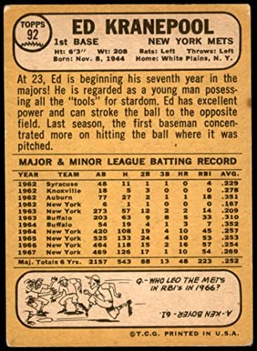 1968 Topps 92 Ed Kranepool New York Mets (Baseball Kártya) JÓ Mets