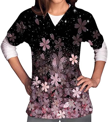 Női Alkalmi Munkaruházat Divat Virágos Nyomtatott Tunika Maximum V Nyakú Rövid Ujjú Scrub_Shirts a Zsebek