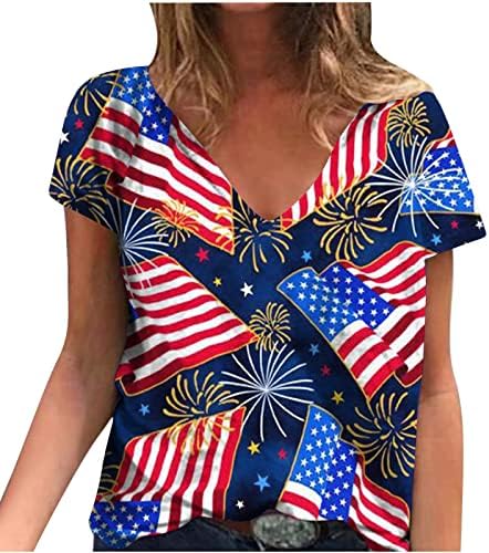 Ausyst Amerikai Zászló Grafikai Tshirts a Nők július 4 Stars Stripes Nyomtatott Hazafias Ing, V-Nyakú, Rövid Ujjú Póló