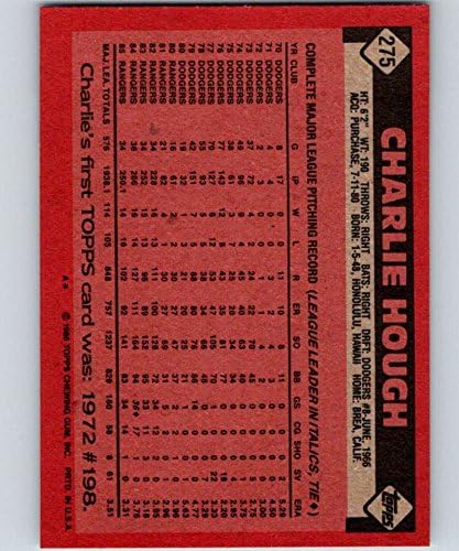 1986 Topps Baseball 275 Charlie Hough Texas Rangers Hivatalos MLB Trading Card (stock fotó használt, NM vagy jobb garantált)
