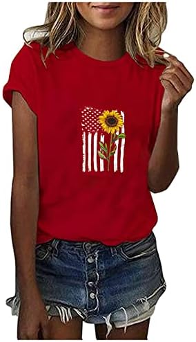 Női Nyári Rövid Ujjú Felsők július 4-Amerikai Zászlós Póló, Alkalmi Kerek Nyak Napraforgó Nyomtatás Hazafias Ing