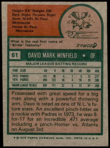 1975 Topps 61 Dave Winfield San Diego Padres (Baseball Kártya) VG Padres