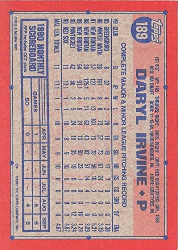 1991 Topps 189 Daryl Irvine NM-MT RC Újonc Red Sox