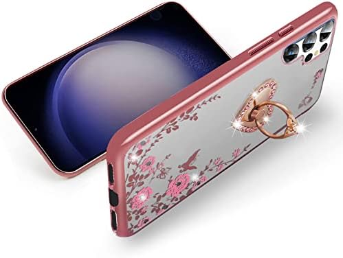 B-tutyi Samsung Galaxy S23 Ultra Csillogó Kristály Pillangó Szív Virágos Vékony TPU Luxus Ékszereik, Aranyos Védő Fedél Állvány+Szíj,