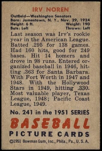 1951 Bowman 241 Irv Noren Washington Senators (Baseball Kártya) EX Szenátorok